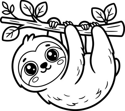 Cute cartoon sloth hanging from a tree branch in a simple black and white coloring book page design