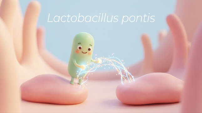 Adorable animated lactobacillus pontis microbe character thriving in a cheerful gut setting with gentle pastel colors