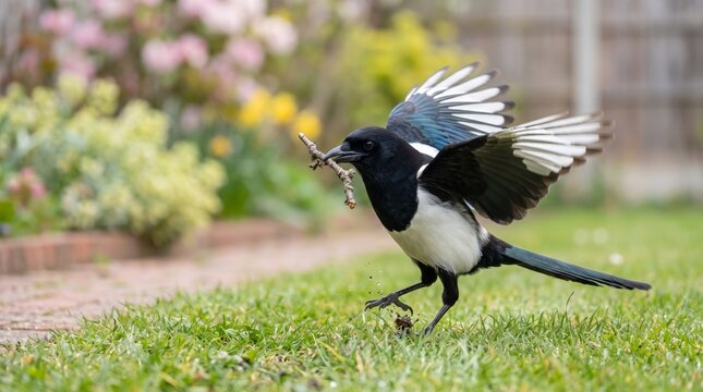 eurasian magpie (pica pica) carrying a nesting twig through garden