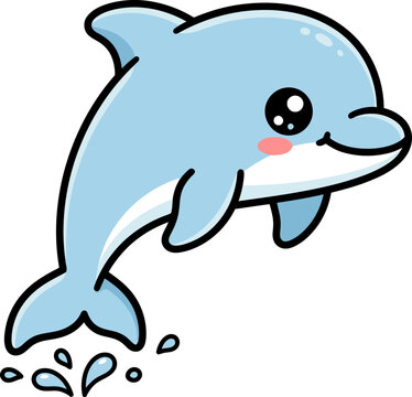 Cute cartoon dolphin jumping out of water illustration for a fun kids coloring book activity page design