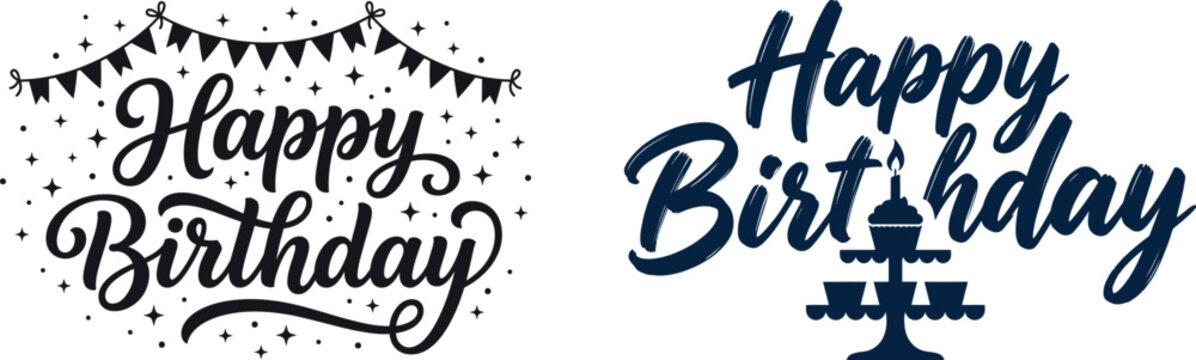 Set of two elegant happy birthday calligraphy designs with festive party decorations for greeting cards and invitations