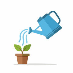 Obraz premium Blue watering can pouring water onto a small green plant growing in a brown pot, symbolizing growth and care