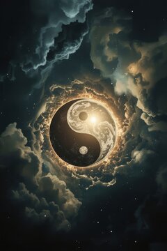 A yin-yang symbol in the center of a cosmic galaxy, twisting into a golden-black spiral of stars and space dust.