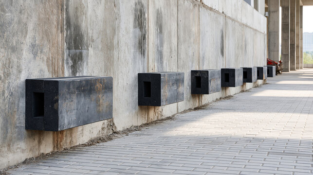 Close up of weathered rubber dock bumpers on a concrete warehouse wall in bright natural daylight industrial protection equipment