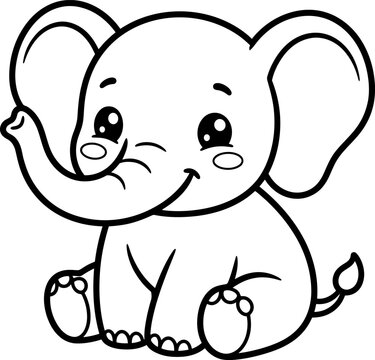 Cute baby elephant line art illustration for a children coloring book page with simple shapes and clean outlines