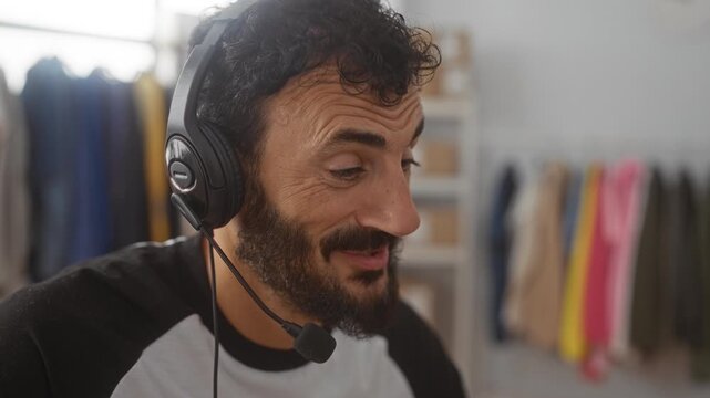 Man with headset smiling and speaking while packing near clothing racks and shipping boxes in a studio; customer support friendly helpful.