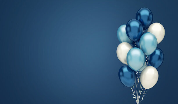 Blue and white birthday party balloons banner background with copy space