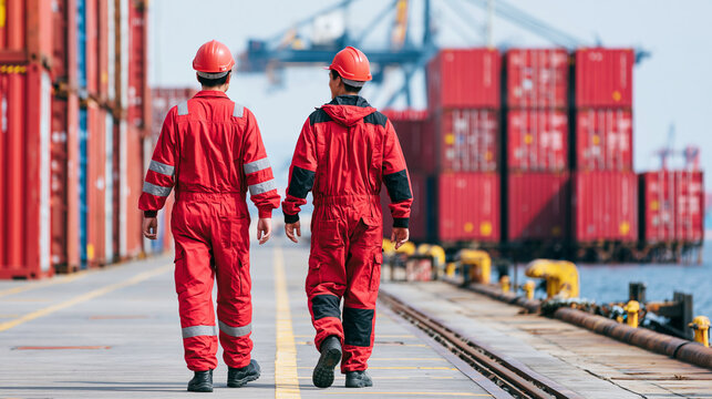 Two dock workers in red safety gear walking between red shipping containers with crane in bright clear maritime daylight