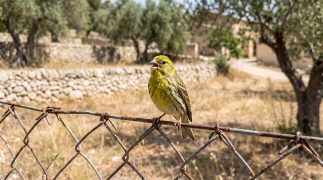 european serin (serinus serinus) singing on a wire in mediterranean countryside