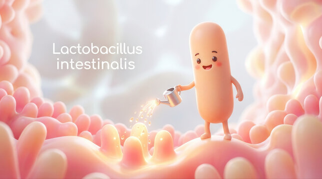 Cute cartoon representation of lactobacillus intestinalis microbe in a colorful gut flora environment