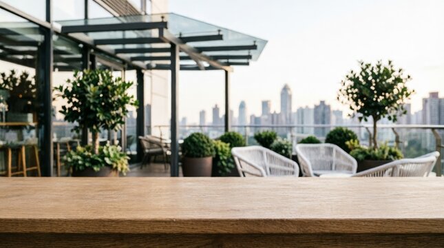 Rooftop Terrace with City View and Wooden Table for Web Design