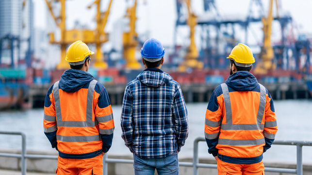 Rear view of industrial workers in safety helmets observing cargo vessel operations at a bright busy port with cranes and logistics