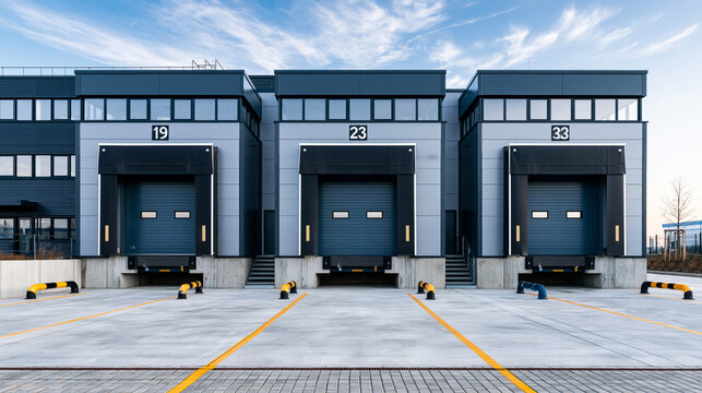Bright wide exterior view of a modern warehouse with three loading docks and clean logistics infrastructure under natural daylight