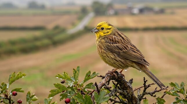 yellowhammer (emberiza citrinella) perched above an expansive rural farmland landscape