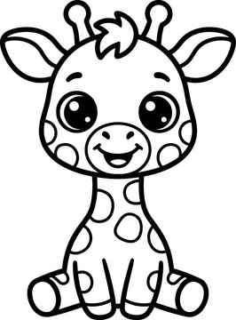 Cute baby giraffe character for a coloring book page featuring simple outlines for kids and toddler art activities