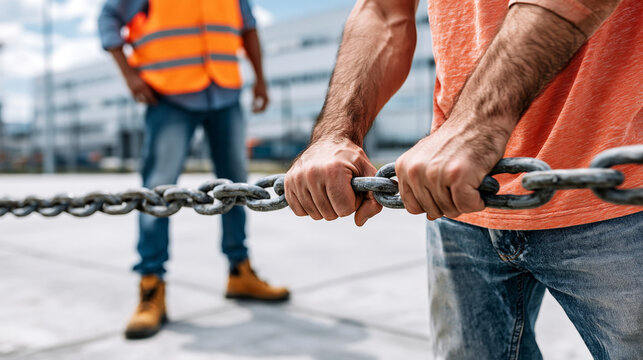 Close up of logistics worker hands pulling heavy duty metal chain safety equipment at industrial warehouse loading dock in natural daylight