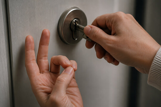 Close-up of hands checking door lock while counting key turns, conceptual representation of obsessive compulsive disorder