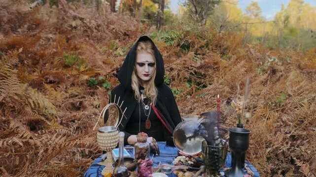 Hooded woman in dark cloak sits beside outdoor altar, hands resting near crystal ball while gazing downward with solemn expression, dramatic makeup, sacred objects, candle glow and autumn foliage