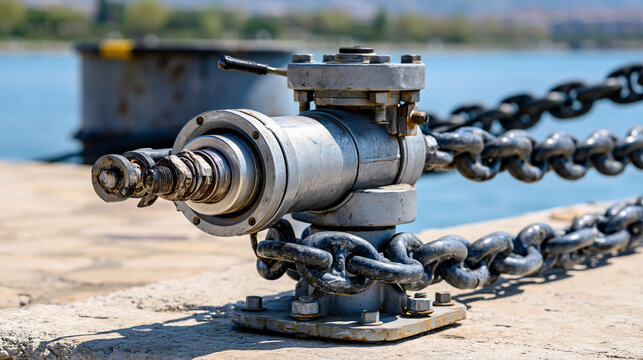 Close up of a ship anchor hawse pipe with heavy chain and maritime machinery on a bright dock in a shipping port under natural daylight