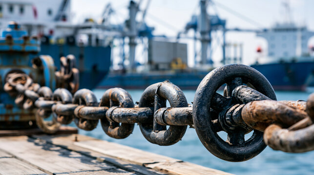 Close up of ship anchor hawse pipe with heavy chain and maritime machinery on a bright port dock in natural daylight