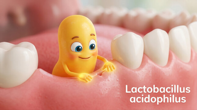 Cute cartoon probiotic microbe character promoting good bacteria and gut health among teeth and gums