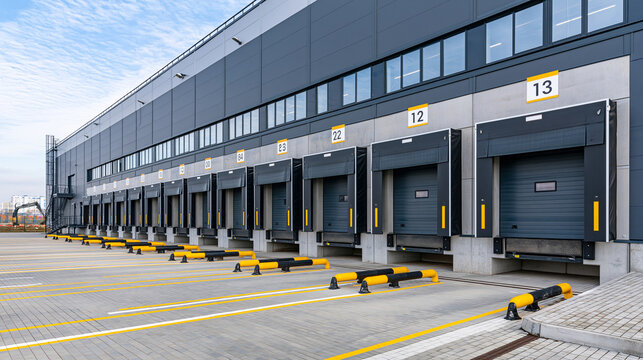 Bright wide exterior view of a modern cargo dock loading bay barrier at a warehouse under clear daylight clean logistics infrastructure
