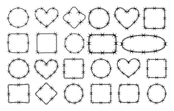 Barbed Wire Frame Collection Vector &ndash; Rustic Border, Heart and Circular Barbed Wire Frames Set