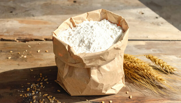 A rustic paper bag filled with white flour sits on a wooden surface next to wheat stalks and grains, ready for baking.