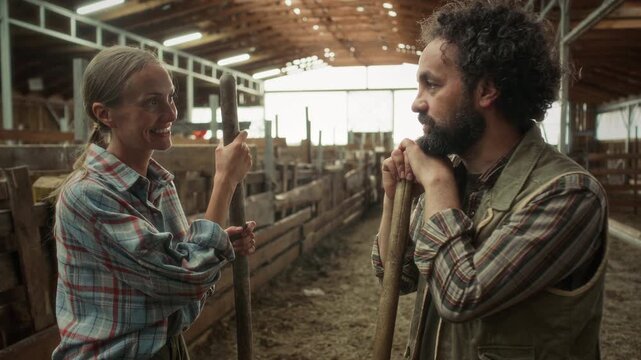 Male farmer and his female coworker leaning on pitchfork handles and chatting during break from work inside rustic livestock barn