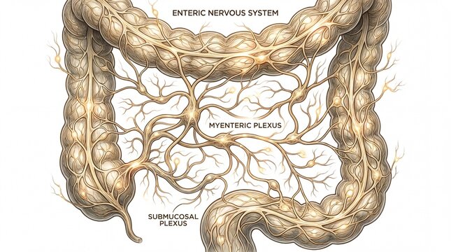 Anatomical illustration of the enteric nervous system showing the myenteric and submucosal plexus.