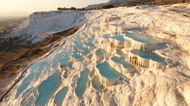 An aerial view of the white travertine terraces and turquoise thermal pools in Pamukkale, Turkey.