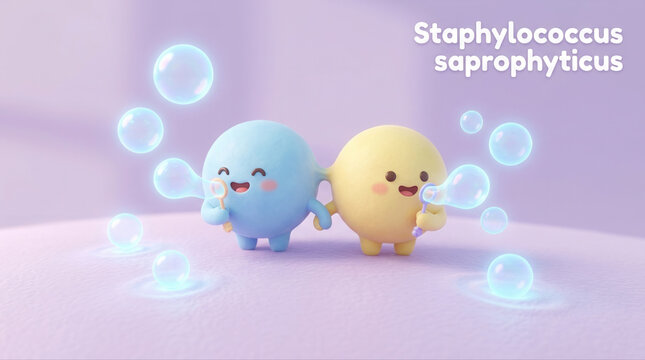 Cute cartoon microbes staphylococcus saprophyticus with bubbles representing good bacteria and probiotics for education