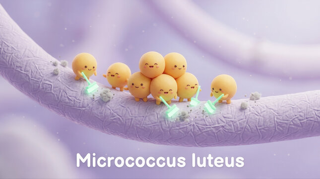 Whimsical micrococcus luteus bacteria figures wielding lightsabers in a vibrant and colorful microbial setting