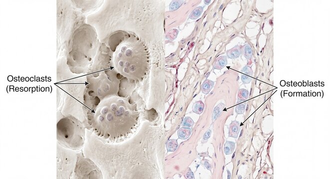 Comparative histological analysis of bone resorption by osteoclasts and formation by osteoblasts.