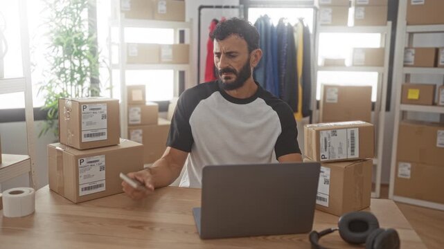 Man with beard holding phone to ear while checking laptop and stacking shipping boxes and tape on a desk in a small business building; stress.