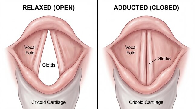 Comparative medical illustration of vocal folds in relaxed open and adducted closed positions.