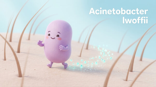 Cute animated microbe character representing acinetobacter lwoffi in a whimsical setting with hair like structures