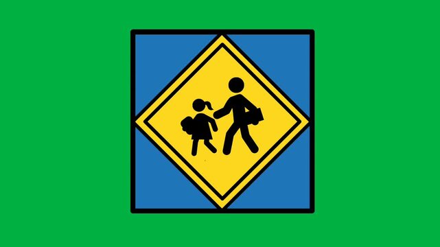 Yellow School Crossing Warning Sign with Children Silhouettes on a Green Background for Pedestrian Safety