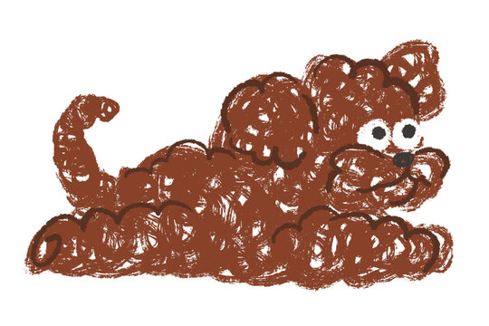 Adorable dark brown maltipoo puppy lying down isolated on white background. Hand drawn crayon textured vector illustration of cute fluffy dog resting in doodle style.