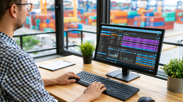 Logistics manager hands on a keyboard monitoring intermodal transport optimization software with realtime tracking dashboard in a bright modern shipping port office rear view