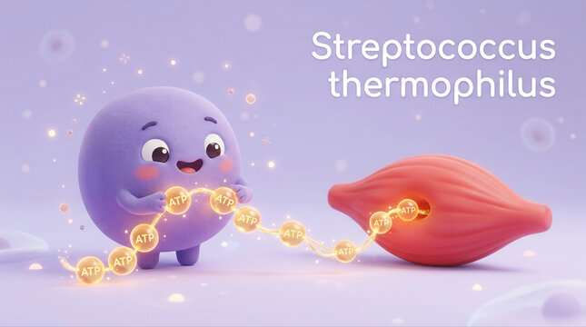 Adorable animated microbe symbolizing streptococcus thermophilus and its importance for maintaining gut health