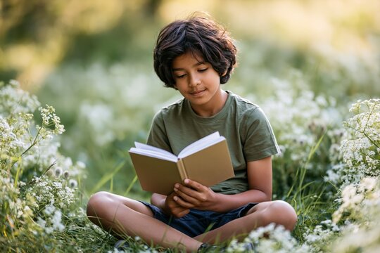 Child reading book in a wildflower meadow background for peaceful nature poster and calm wallpaper for relaxation and education