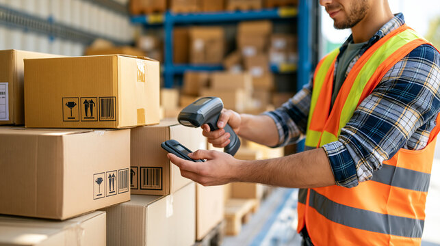 Warehouse worker hands scanning packages with handheld scanner inside bright semi truck trailer on loading dock wearing high visibility vest for inventory tracking