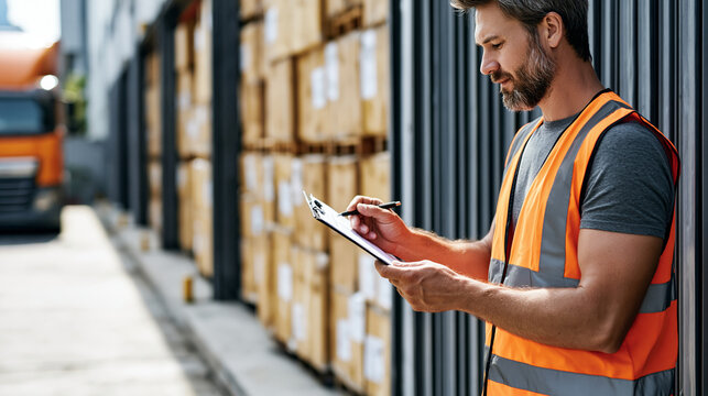 Logistics worker checking delivery truck at a warehouse gate in sunny industrial yard with clipboard and high visibility vest