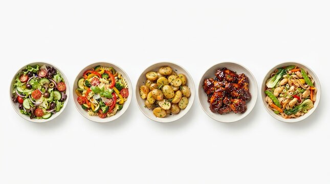 A top down view of five ceramic bowls filled with various colorful and delicious stir fried vegetables and meat dishes on white background