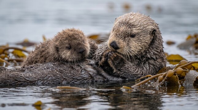 sea otter (enhydra lutris) mother and pup resting in kelp bed