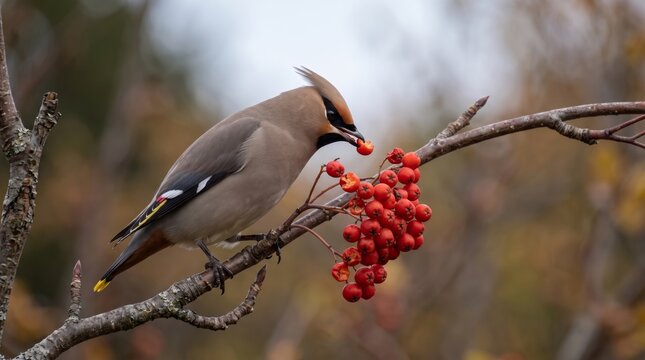 bohemian waxwing (bombycilla garrulus) eating red berries on branch