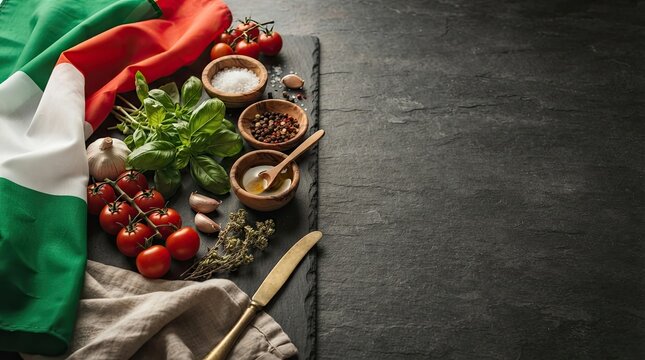 Fresh ingredients for traditional italian cooking arranged on a rustic dark wooden table with a folded italian flag on the side view