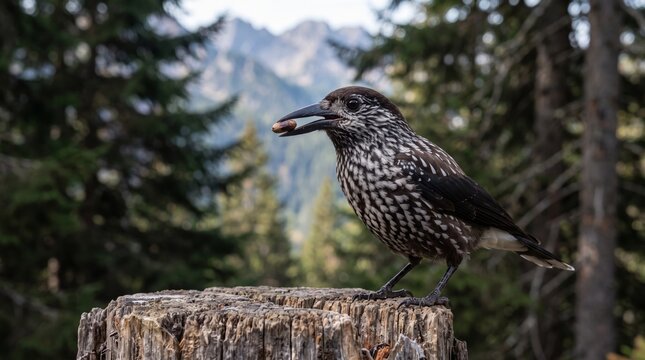 spotted nutcracker (nucifraga caryocatactes) perched on stump with pine nut
