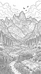 Fototapeta premium Detailed black and white line art illustration of a majestic mountain landscape with a river valley and a rustic wooden bridge